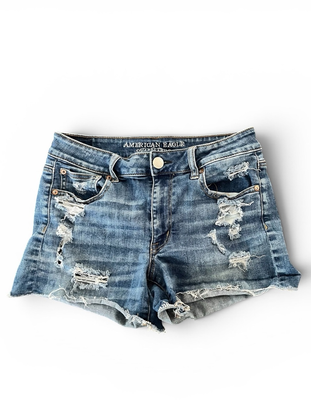 American Eagle Hi-Rise Shortie Distressed Denim Shorts - Medium Wash Size 8